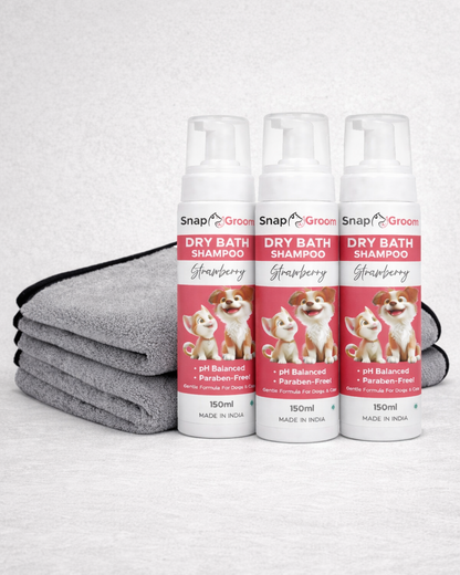 Waterless Dry Shampoo for Dogs & Cats with microfiber towel and Pet Brush
