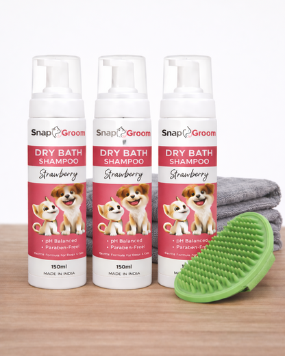 Waterless Dry Shampoo for Dogs & Cats with microfiber towel and Pet Brush