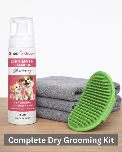 Waterless Dry Shampoo for Dogs & Cats with microfiber towel and Pet Brush